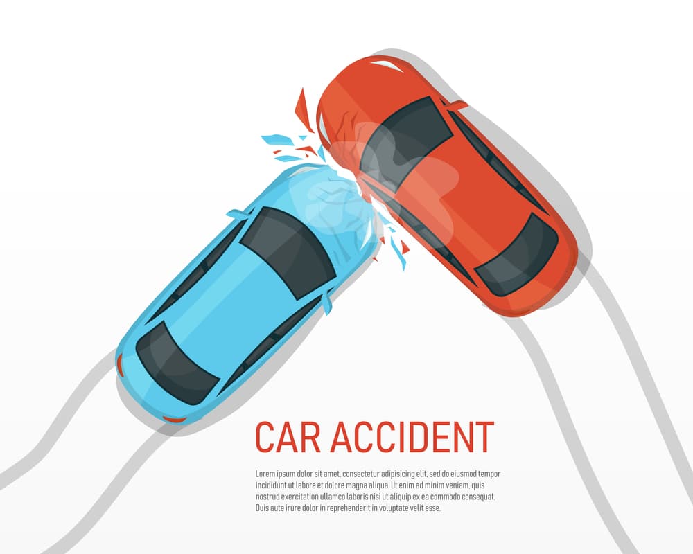 Top-down view of a car crash on the road, depicting the concept of car insurance. Illustrated in a modern flat style design, isolated on a white background.
