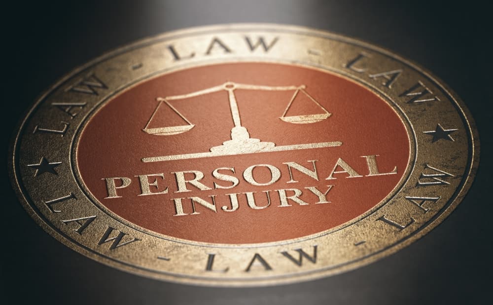"Personal Injury" is elegantly written in golden letters against a dramatic backdrop of red and black, emphasizing the concept within the realm of law.