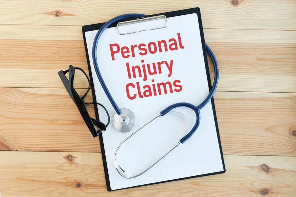 Text PERSONAL INJURY CLAIMS with paper clips,glasses,magnifying glass and calculator on blue wooden background